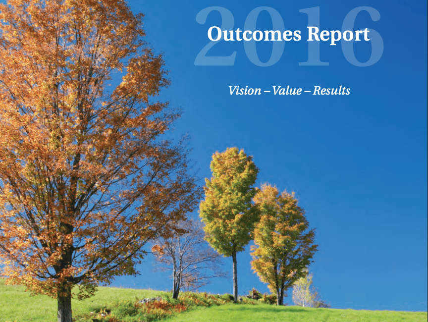 A grassy hill with colorful autumn trees under a blue sky. Text reads 2016 Outcomes Report, Vision – Value – Results, Northwestern Counseling & Support Services..