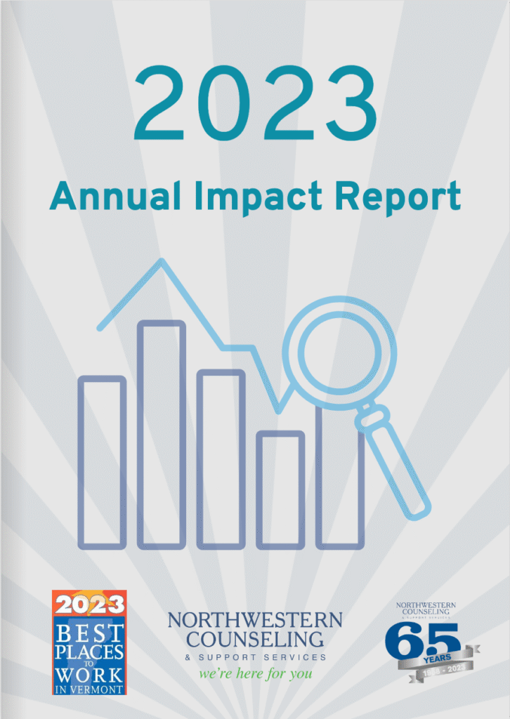 Cover of the 2023 Annual Impact Report for Northwestern Counseling, featuring a bar graph, magnifying glass icon, award badge, and a 65-year anniversary logo.