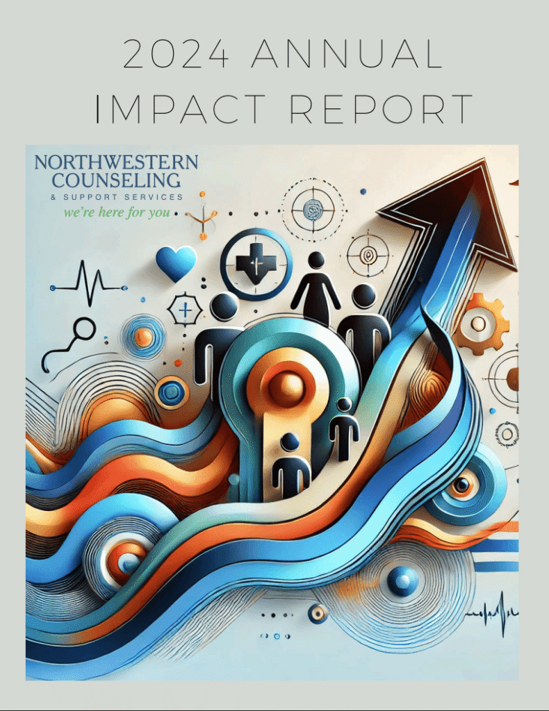 Cover of a 2024 annual impact report featuring abstract healthcare icons, diverse human figures, blue and orange waves, and an upward arrow, representing growth and support. Northwestern Counseling branding visible.
