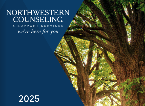 A large tree with green leaves next to the Northwestern Counseling & Support Services logo and the text were here for you and 2025..