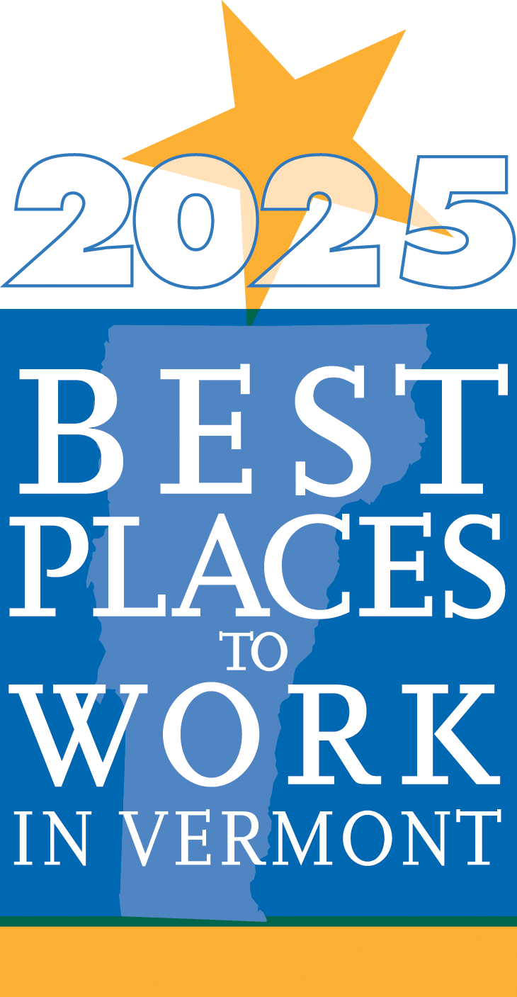 A gold star above 2025 Best Places to Work in Vermont in bold white letters on a blue background with a faint map outline of Vermont.