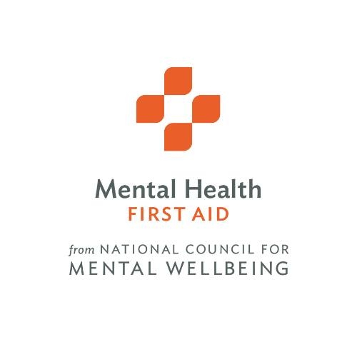 Orange cross logo above the text: Mental Health First Aid from National Council for Mental Wellbeing on a white background.
