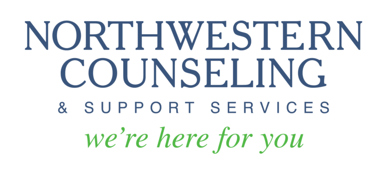 Text logo for Northwestern Counseling & Support Services with the tagline were here for you in green italics below the main text.