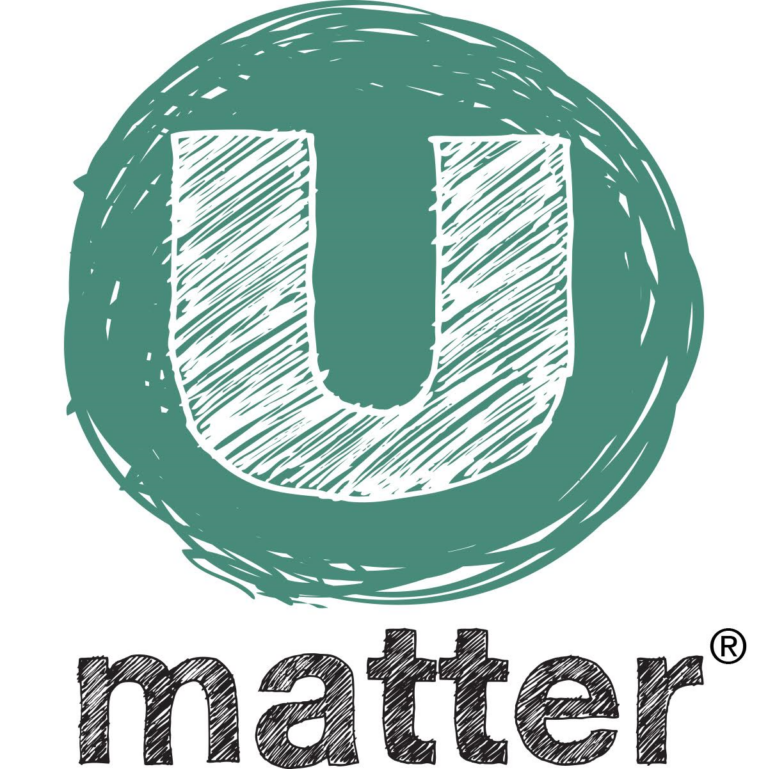 A large white “U” inside a rough green circle above the word “matter” in bold black letters, conveying the message “You matter.”.