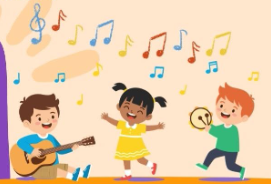 Music and Move Three children play music: a boy playing a guitar, a girl dancing, and a boy playing a tambourine, surrounded by colorful musical notes.