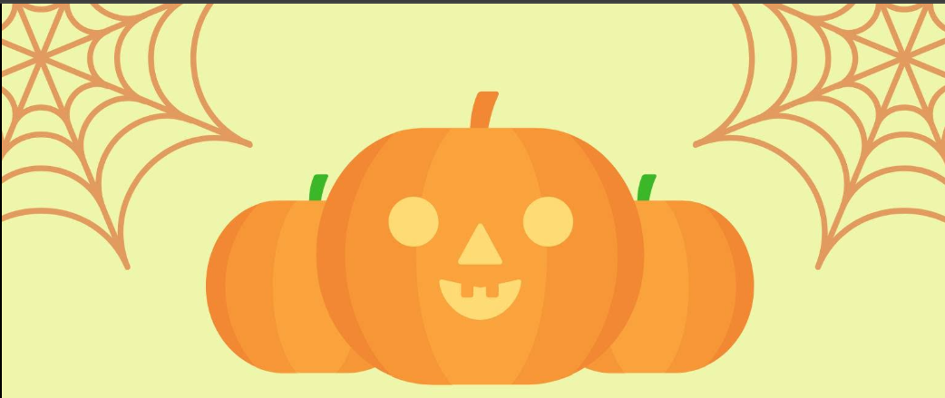 trunk or treat Three orange pumpkins, with the center one carved into a jack-o-lantern, framed by spiderwebs on a light yellow background.